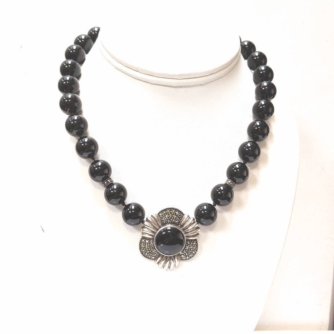 Designer Judith Jack Sterling Silver Onyx Marcasite Necklace