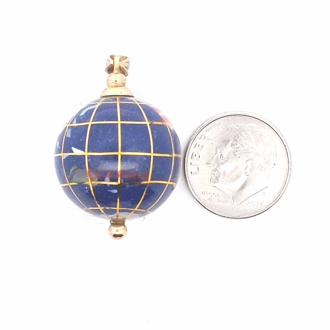 Estate $250 14K Yellow Gold Gemstone Inlay World Globe Pendant