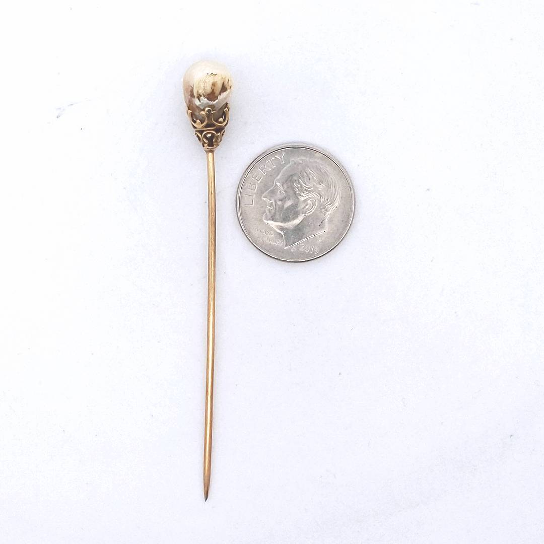 Antique $550 14K Yellow Gold Victorian Natural River Pearl Stick Pin