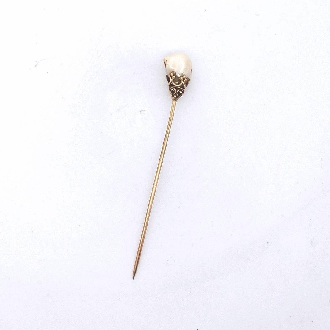 Antique $550 14K Yellow Gold Victorian Natural River Pearl Stick Pin