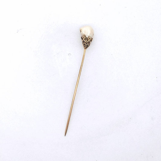 Antique $550 14K Yellow Gold Victorian Natural River Pearl Stick Pin