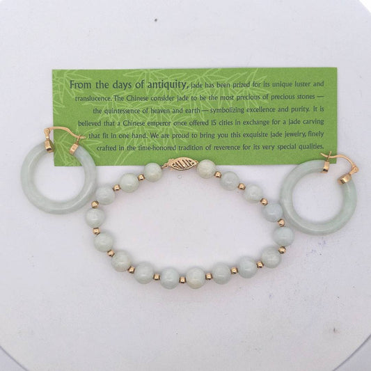 Estate $250 14K Yellow Gold Chinese Celadon Green Jade Bracelet & Hoop Earrings