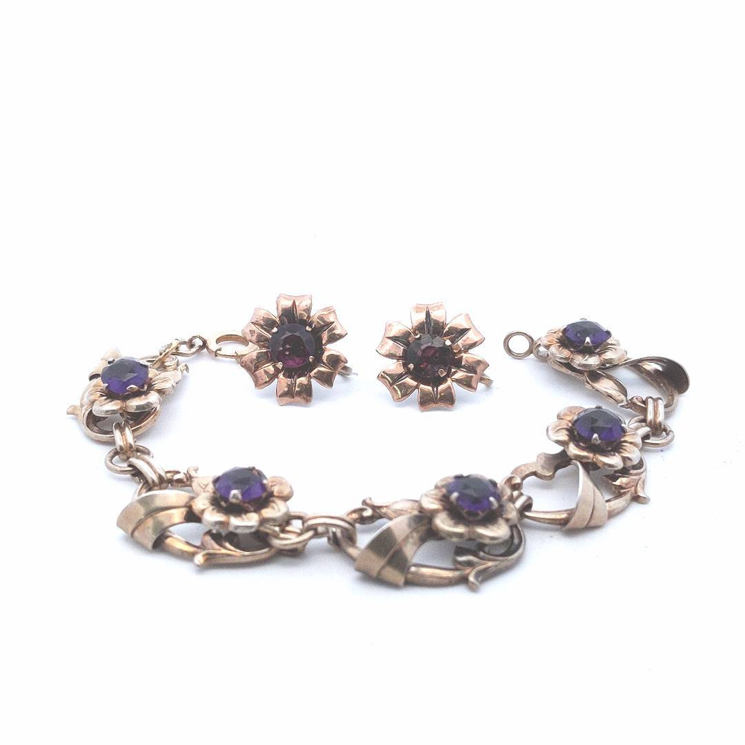 Estate Sterling Gold Filled Purple Paste Bracelet & Earrings