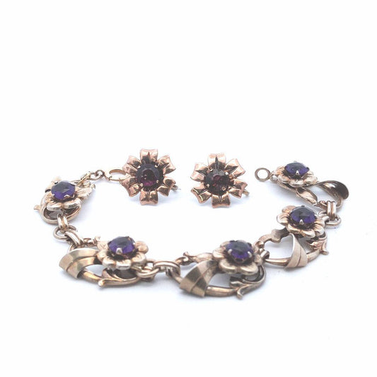 Estate Sterling Gold Filled Purple Paste Bracelet & Earrings