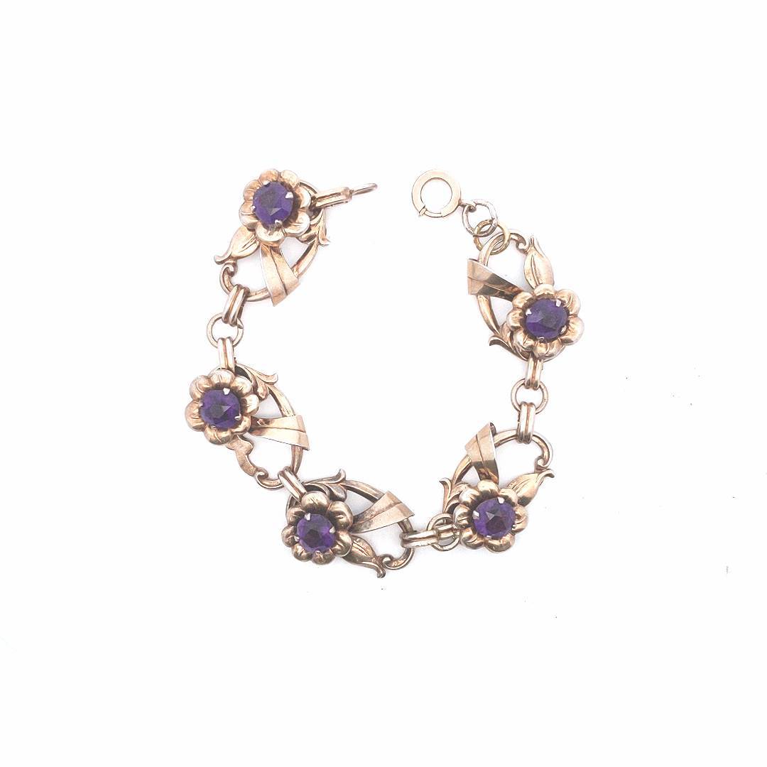 Estate Sterling Gold Filled Purple Paste Bracelet & Earrings