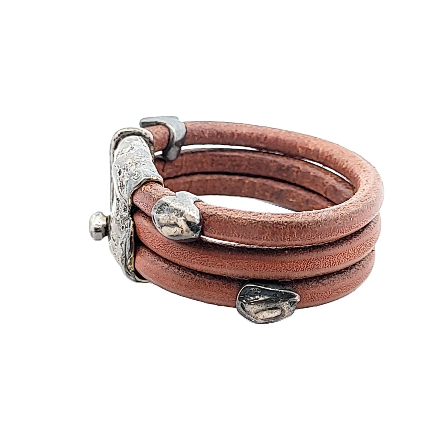 Vintage Ilana Goor Leather & Sterling Silver Abstract Screw Bracelet