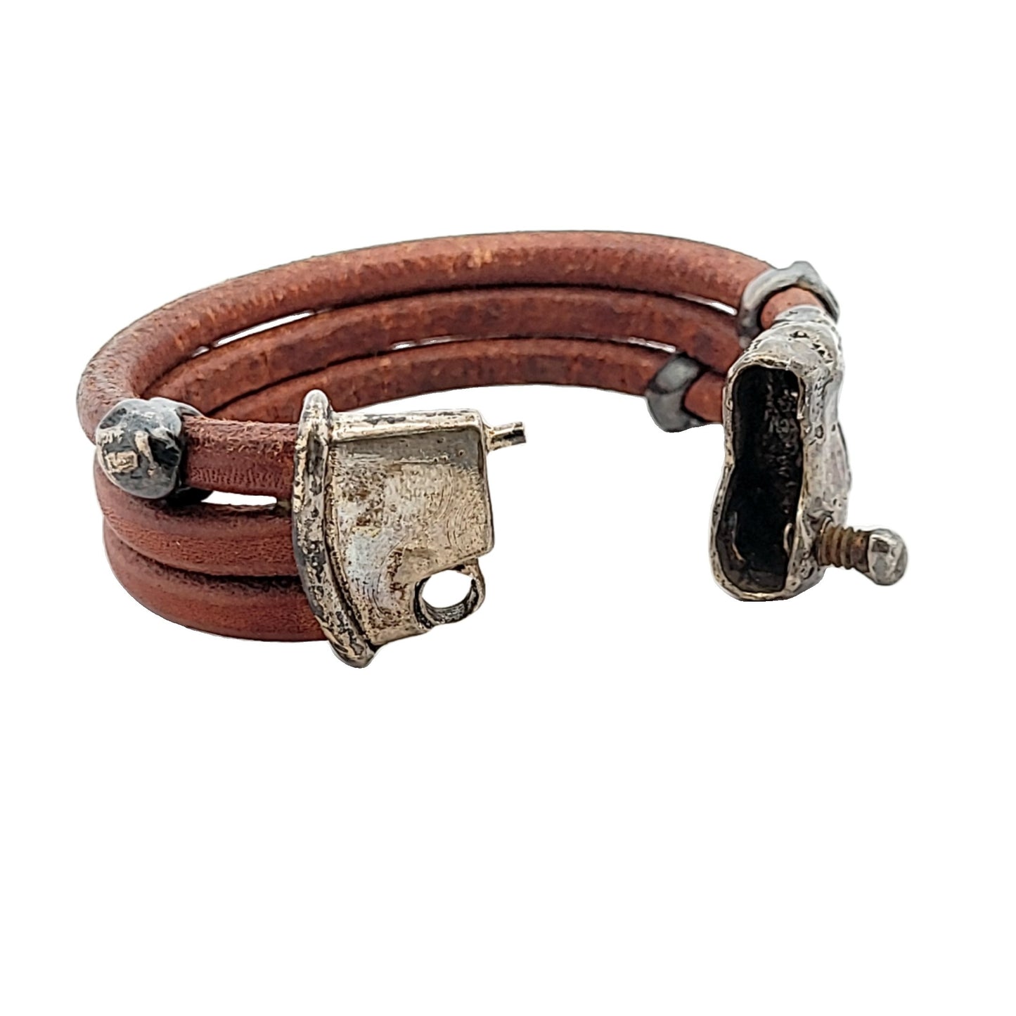 Vintage Ilana Goor Leather & Sterling Silver Abstract Screw Bracelet