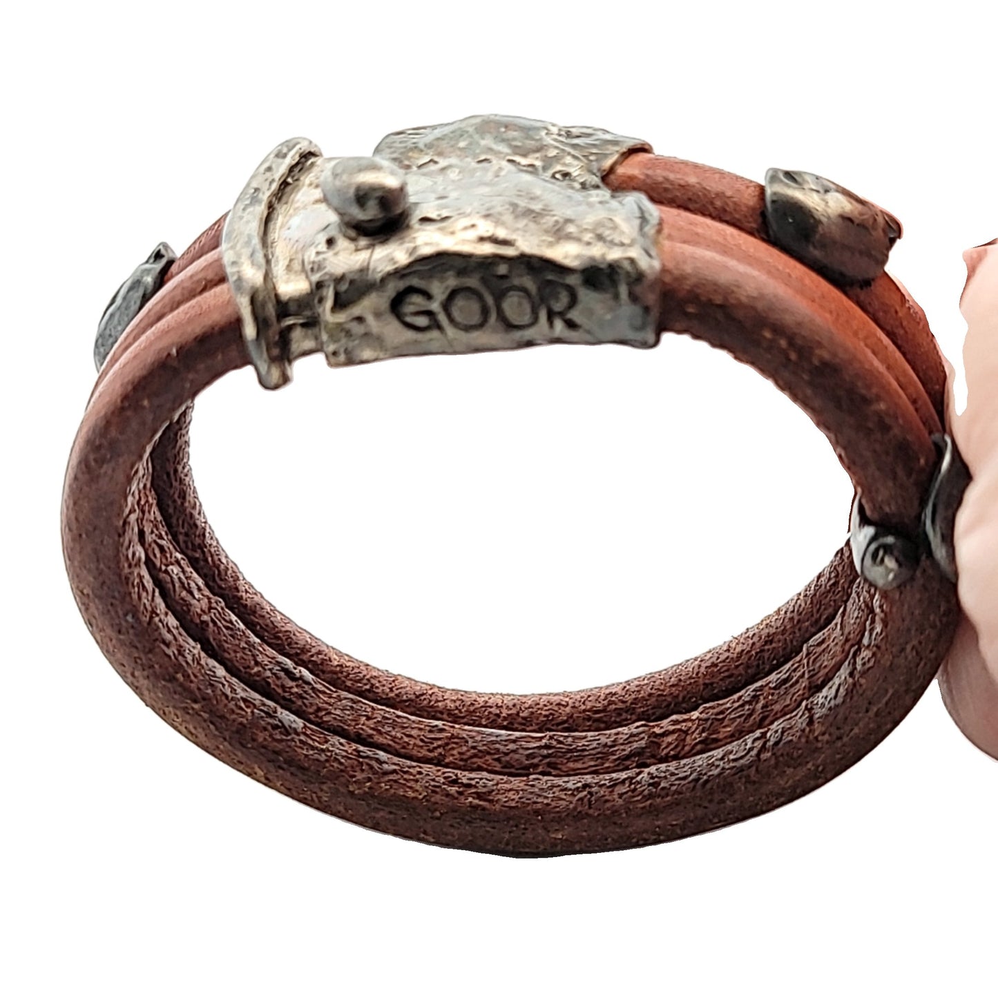 Vintage Ilana Goor Leather & Sterling Silver Abstract Screw Bracelet