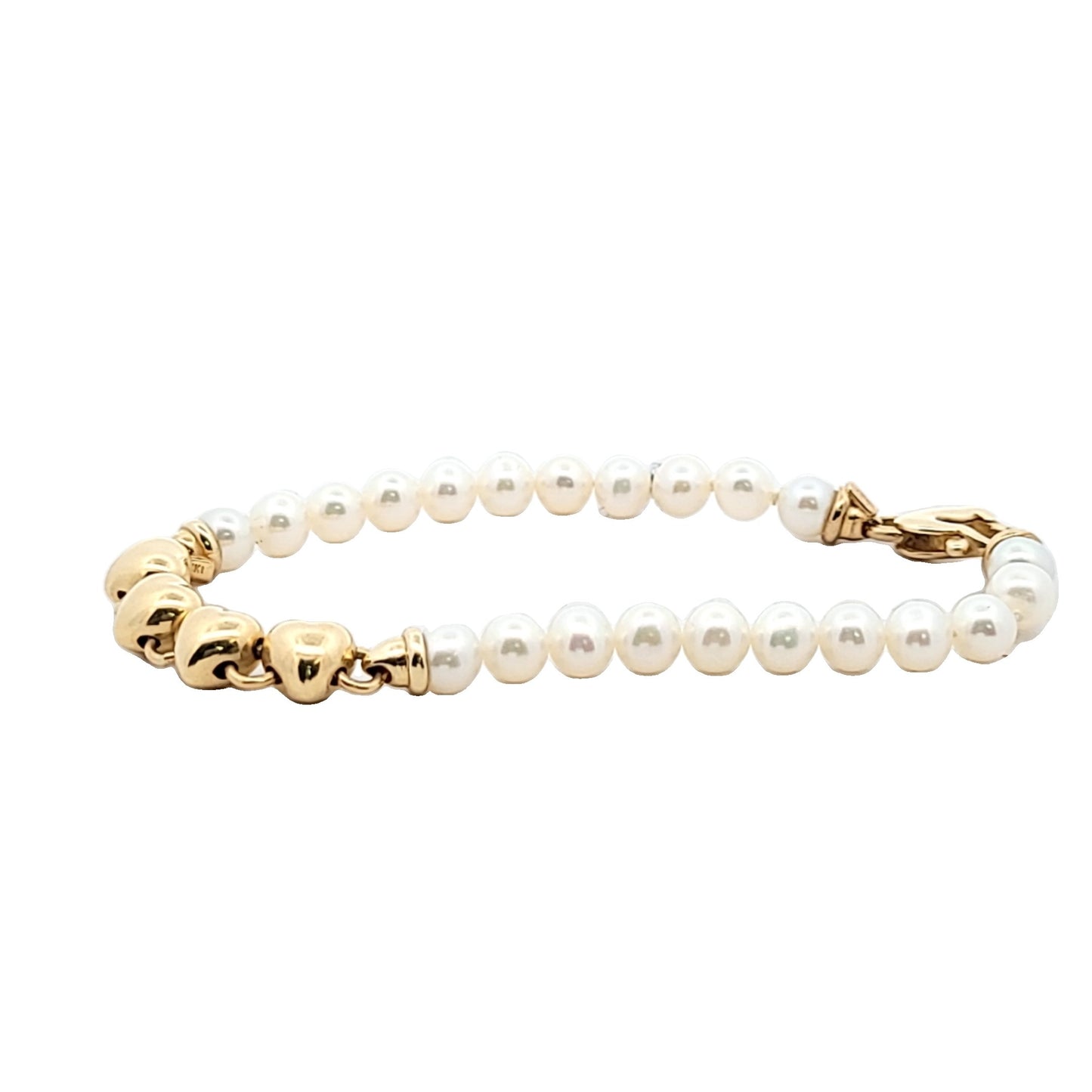 Vintage 14K Yellow Gold Freshwater Pearl Puffy Heart Bracelet