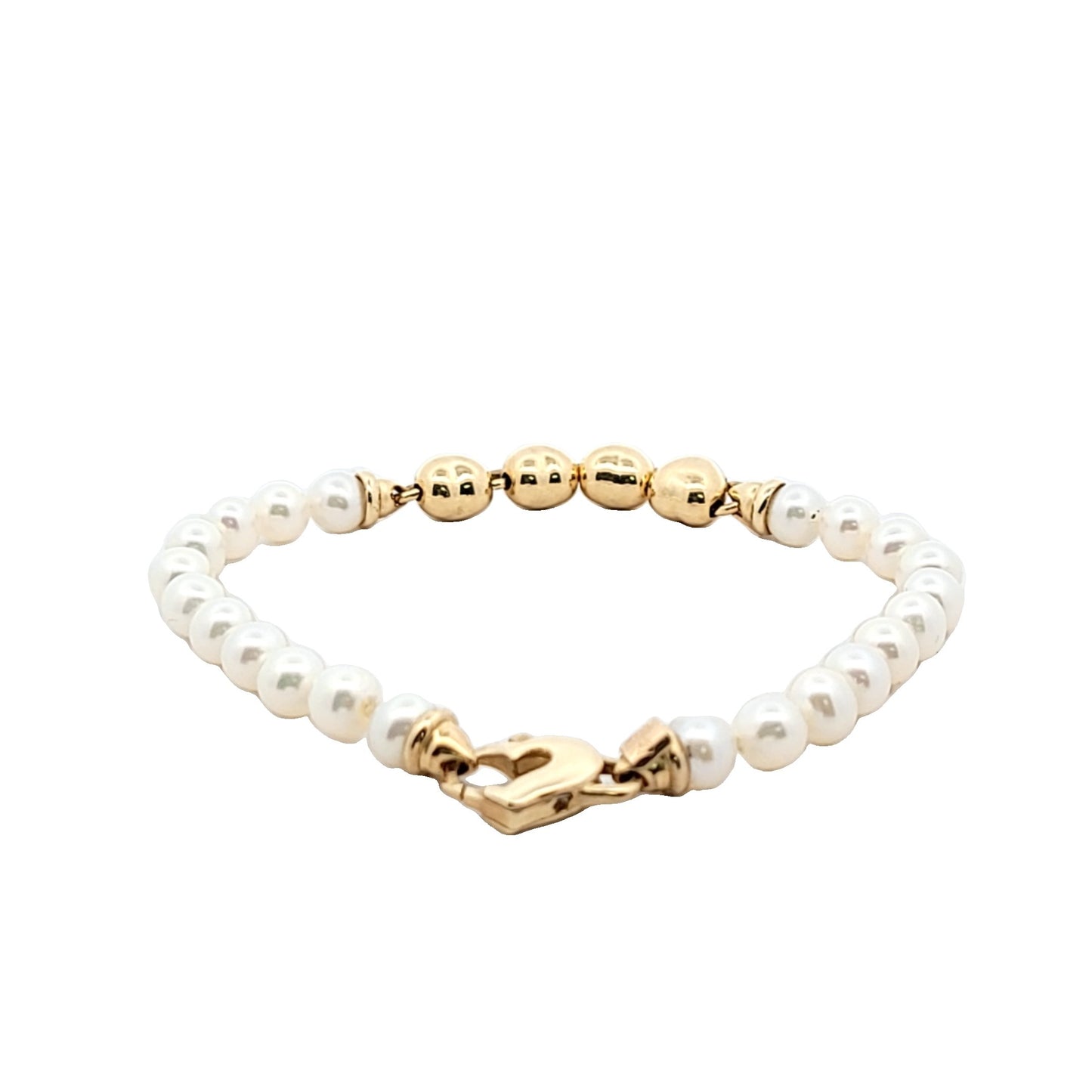 Vintage 14K Yellow Gold Freshwater Pearl Puffy Heart Bracelet