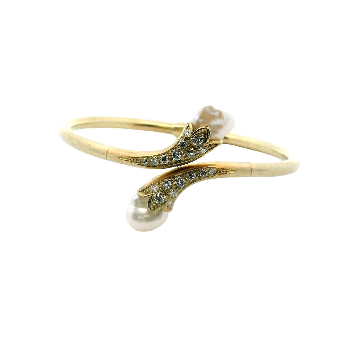 14K Yellow Gold Diamond & Baroque Pearl Hinged Bangle