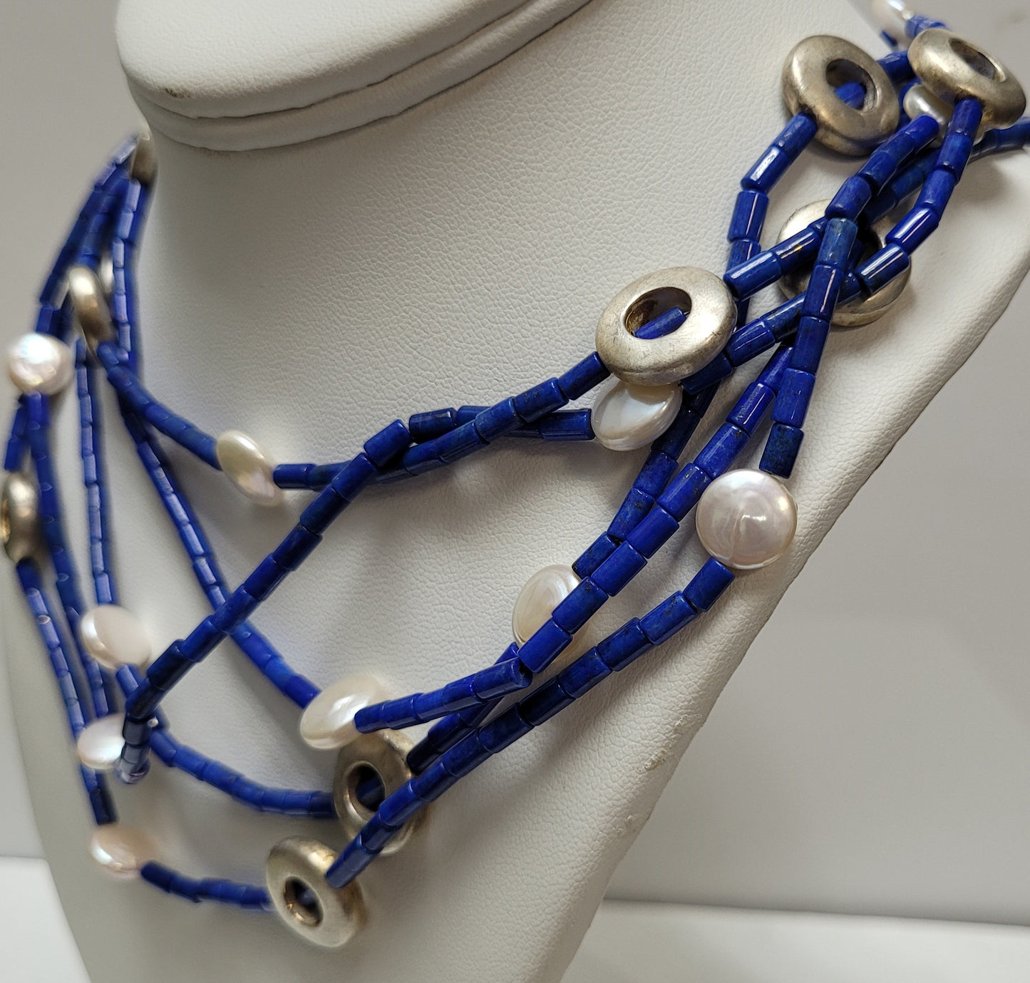 EVA SFID Sterling Silver Lapis Lazuli & Pearl 5-Strand Necklace