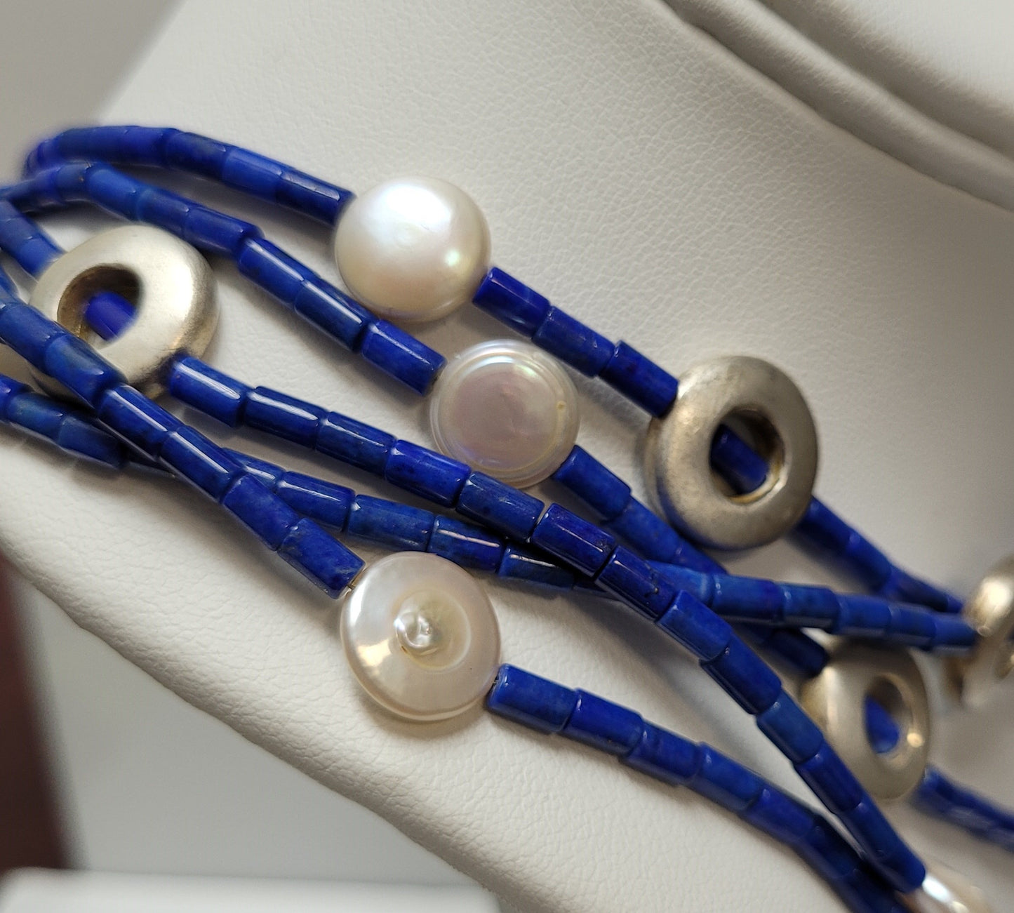 EVA SFID Sterling Silver Lapis Lazuli & Pearl 5-Strand Necklace