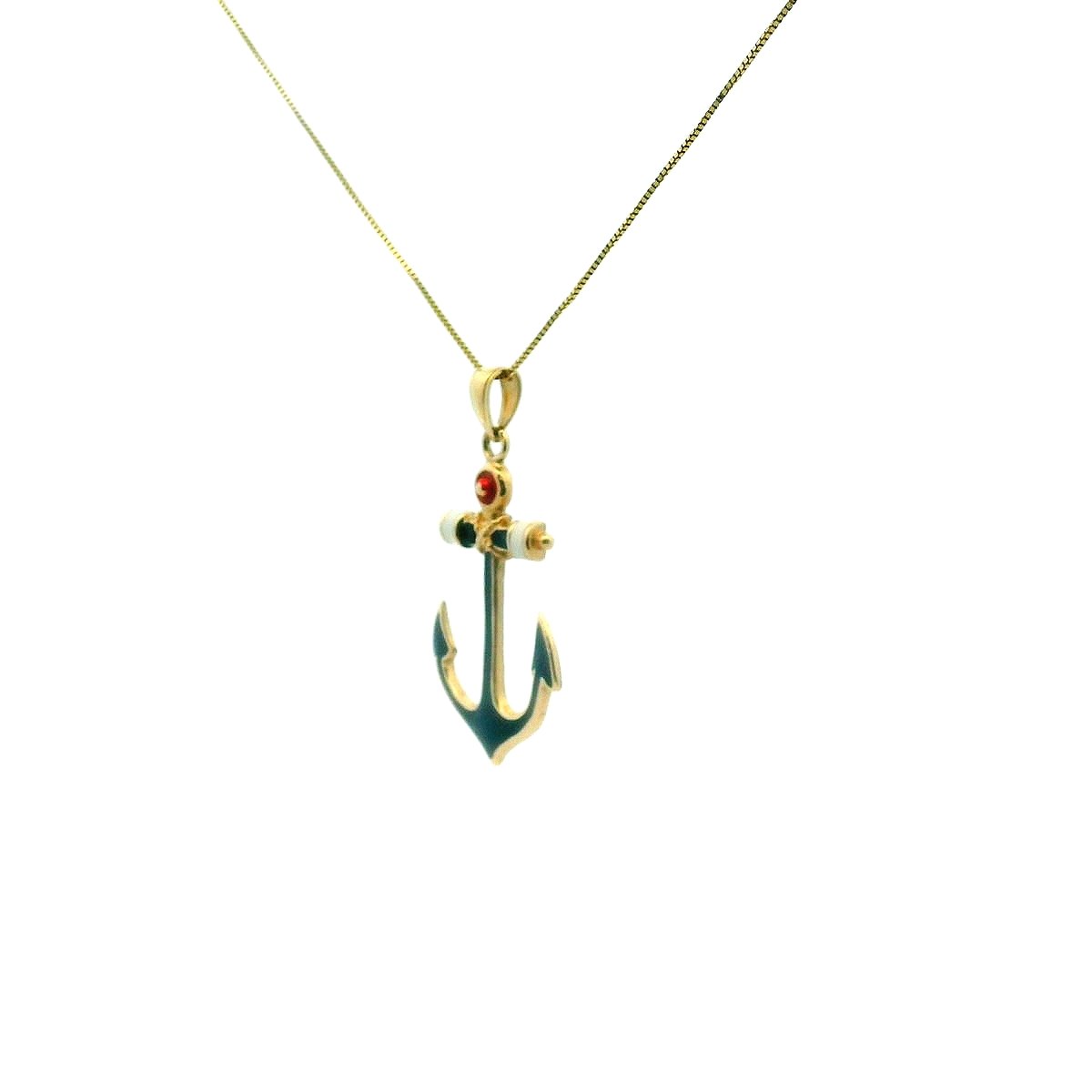 14K Yellow Gold Red White & Blue Enamel Anchor Necklace
