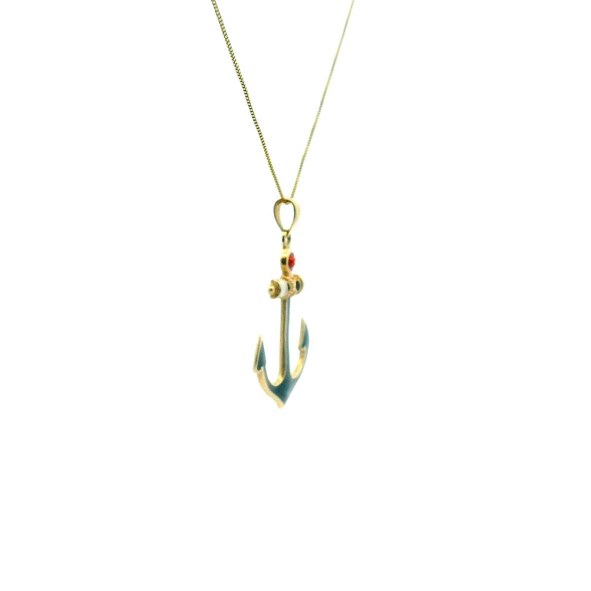 14K Yellow Gold Red White & Blue Enamel Anchor Necklace