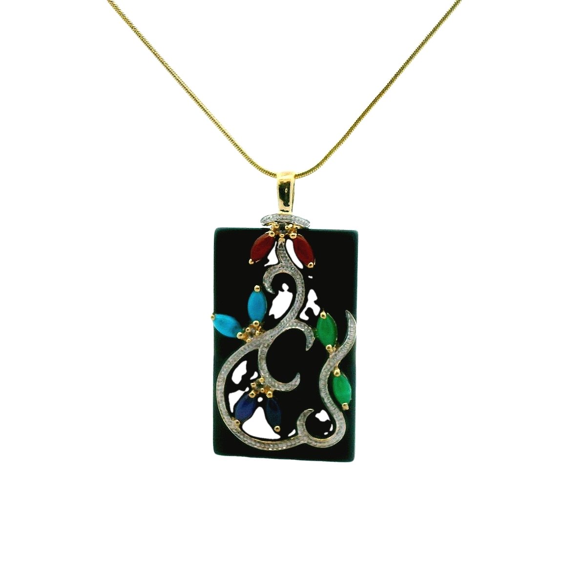 CID 14K Two Tone Gold Onyx Jade Turquoise & Topaz Necklace