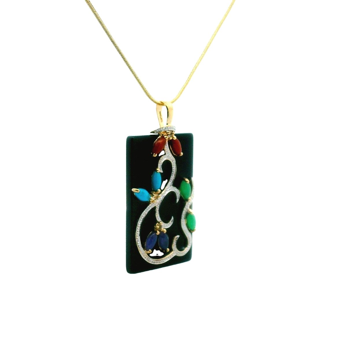 CID 14K Two Tone Gold Onyx Jade Turquoise & Topaz Necklace
