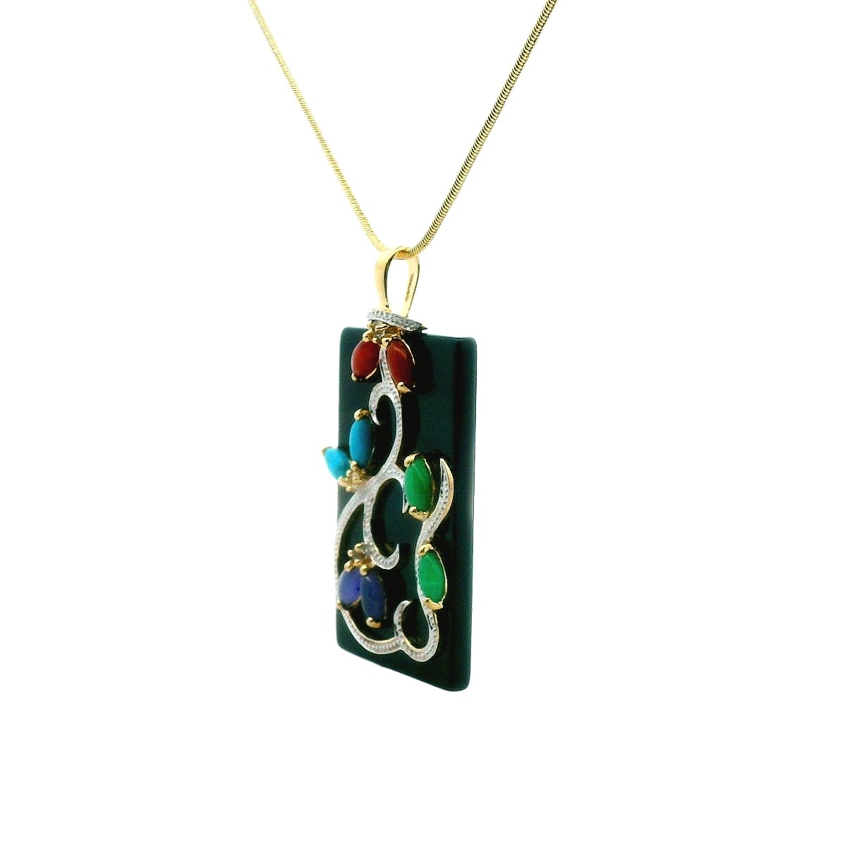 CID 14K Two Tone Gold Onyx Jade Turquoise & Topaz Necklace