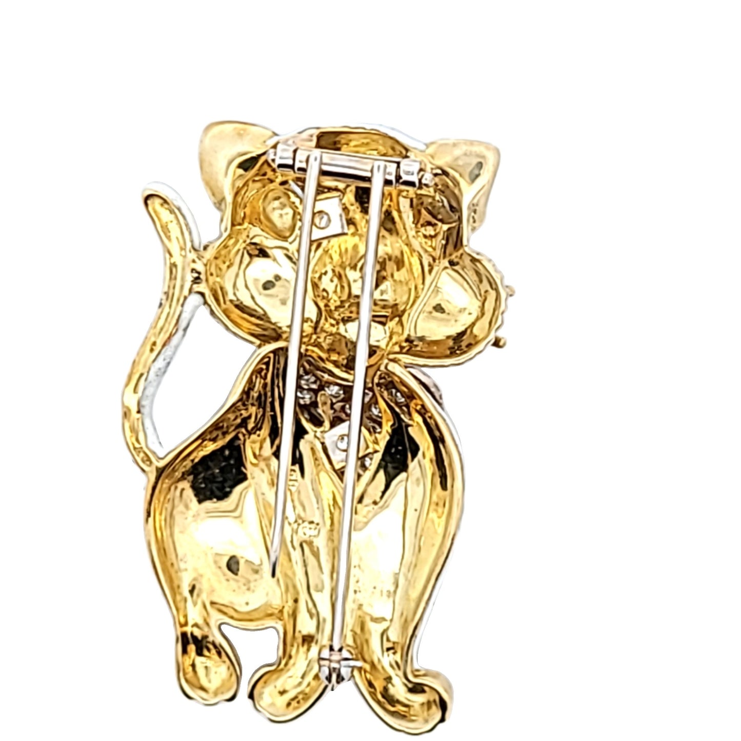 Vintage 18K Yellow Gold Diamond Enamel Cat Brooch