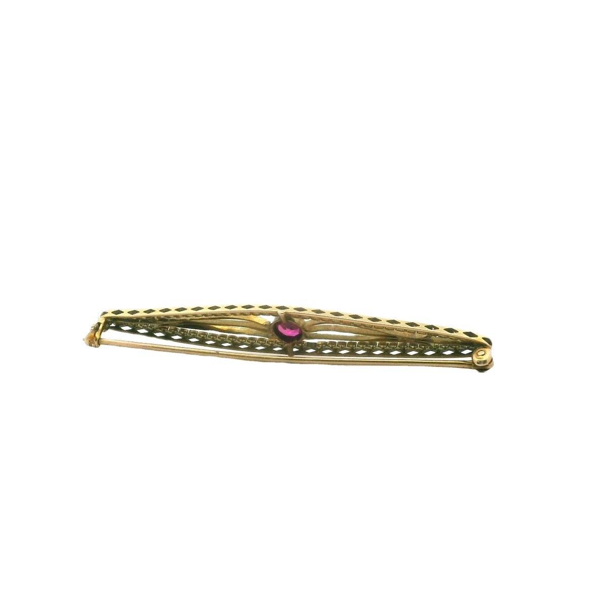 Edwardian 10K Yellow Gold Seed Pearl & Synthetic Ruby Brooch