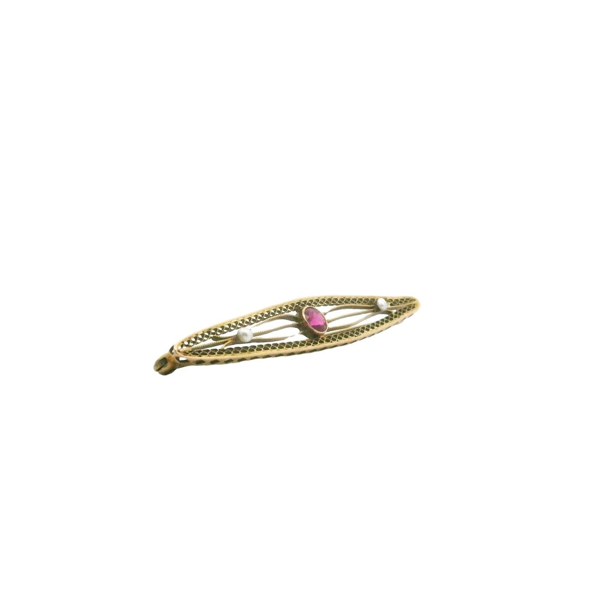 Edwardian 10K Yellow Gold Seed Pearl & Synthetic Ruby Brooch