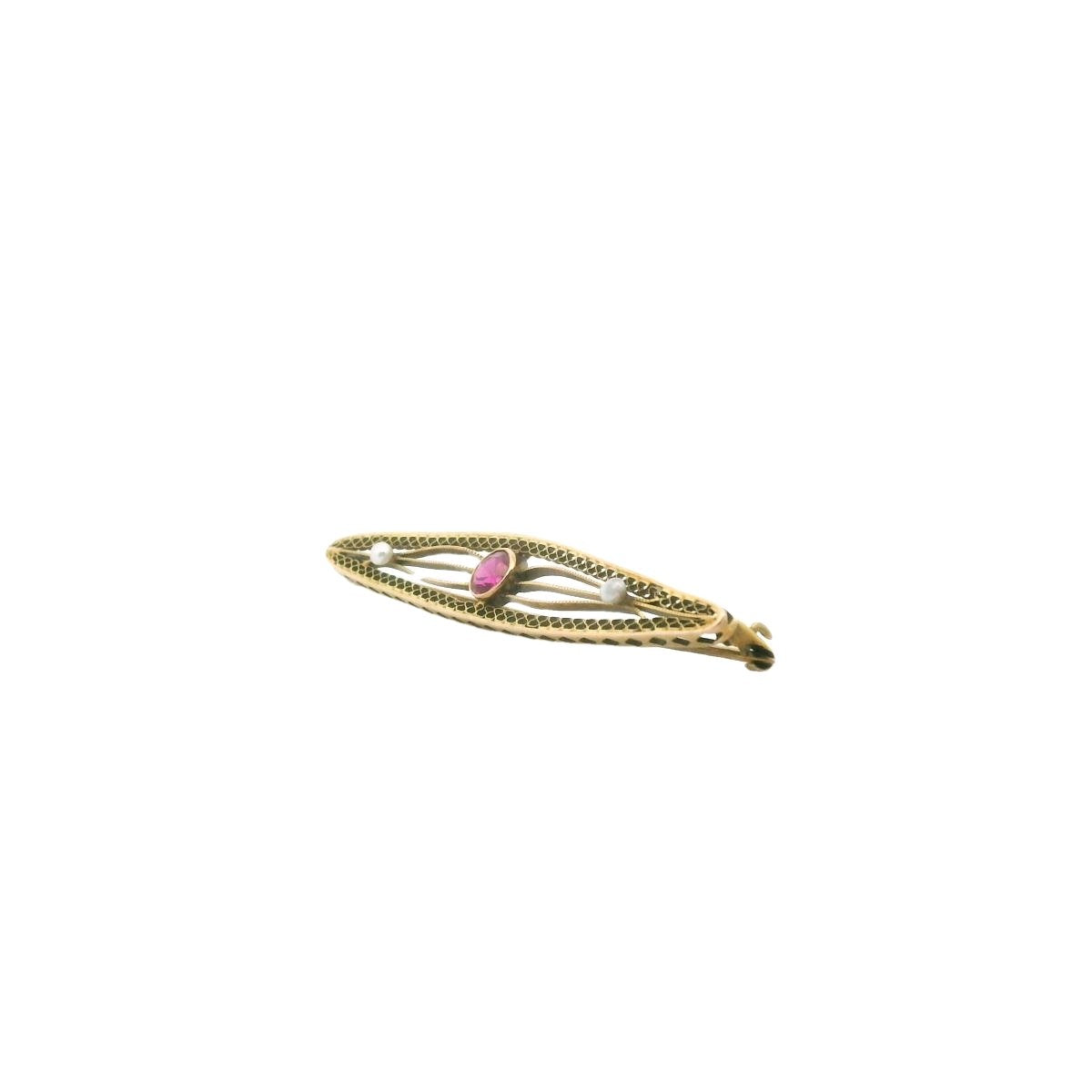 Edwardian 10K Yellow Gold Seed Pearl & Synthetic Ruby Brooch