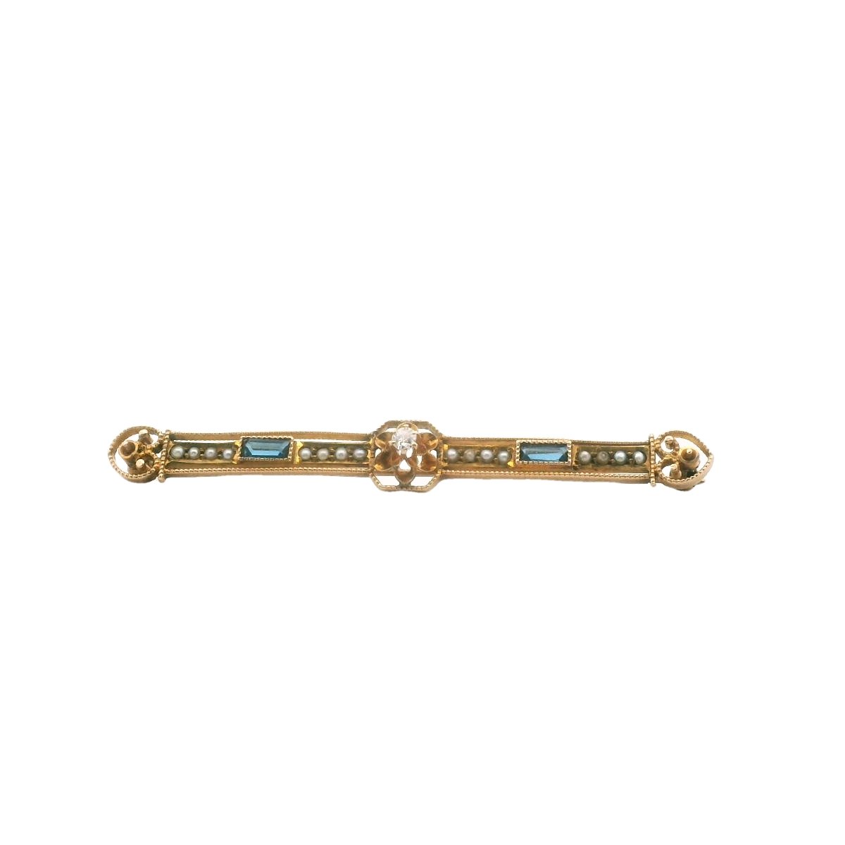 Antique 10K Yellow Gold Diamond Seed Pearl Blue Glass Bar Brooch