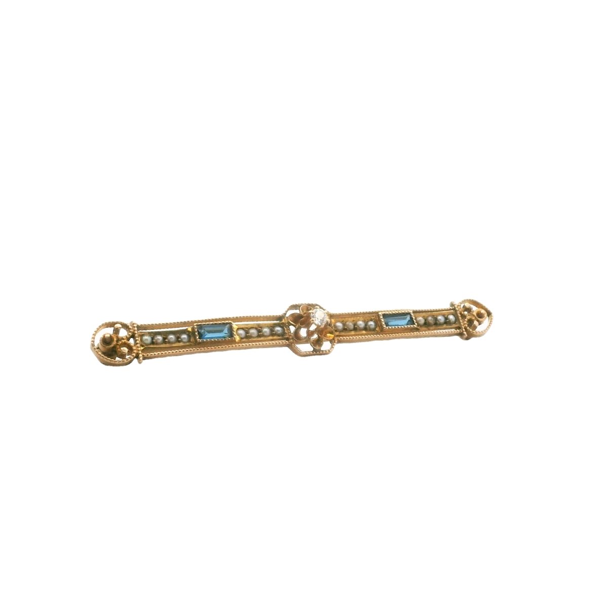 Antique 10K Yellow Gold Diamond Seed Pearl Blue Glass Bar Brooch