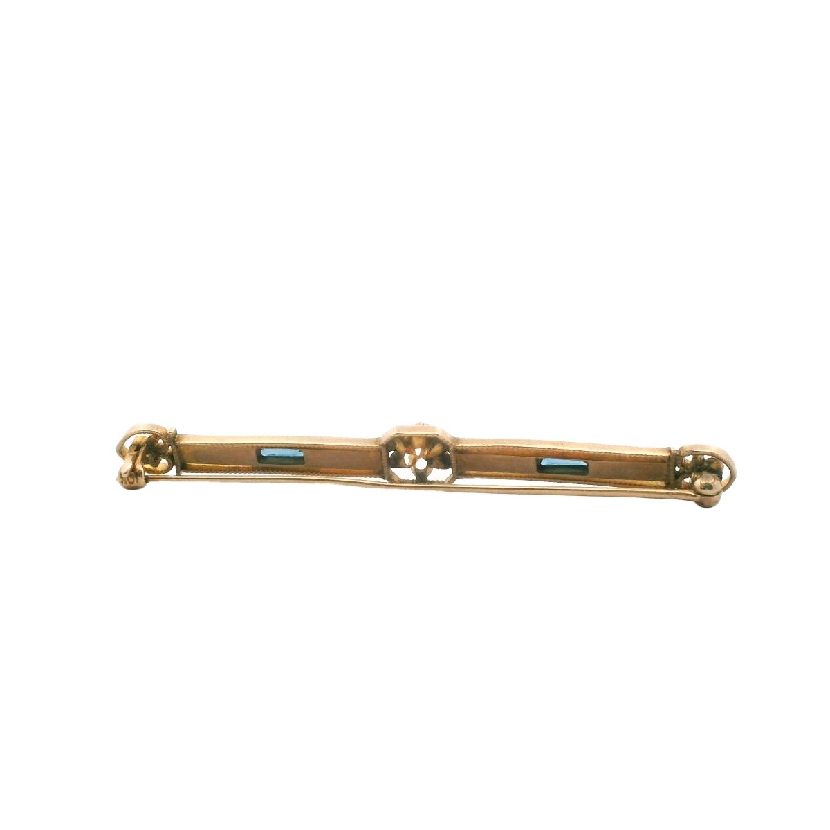 Antique 10K Yellow Gold Diamond Seed Pearl Blue Glass Bar Brooch