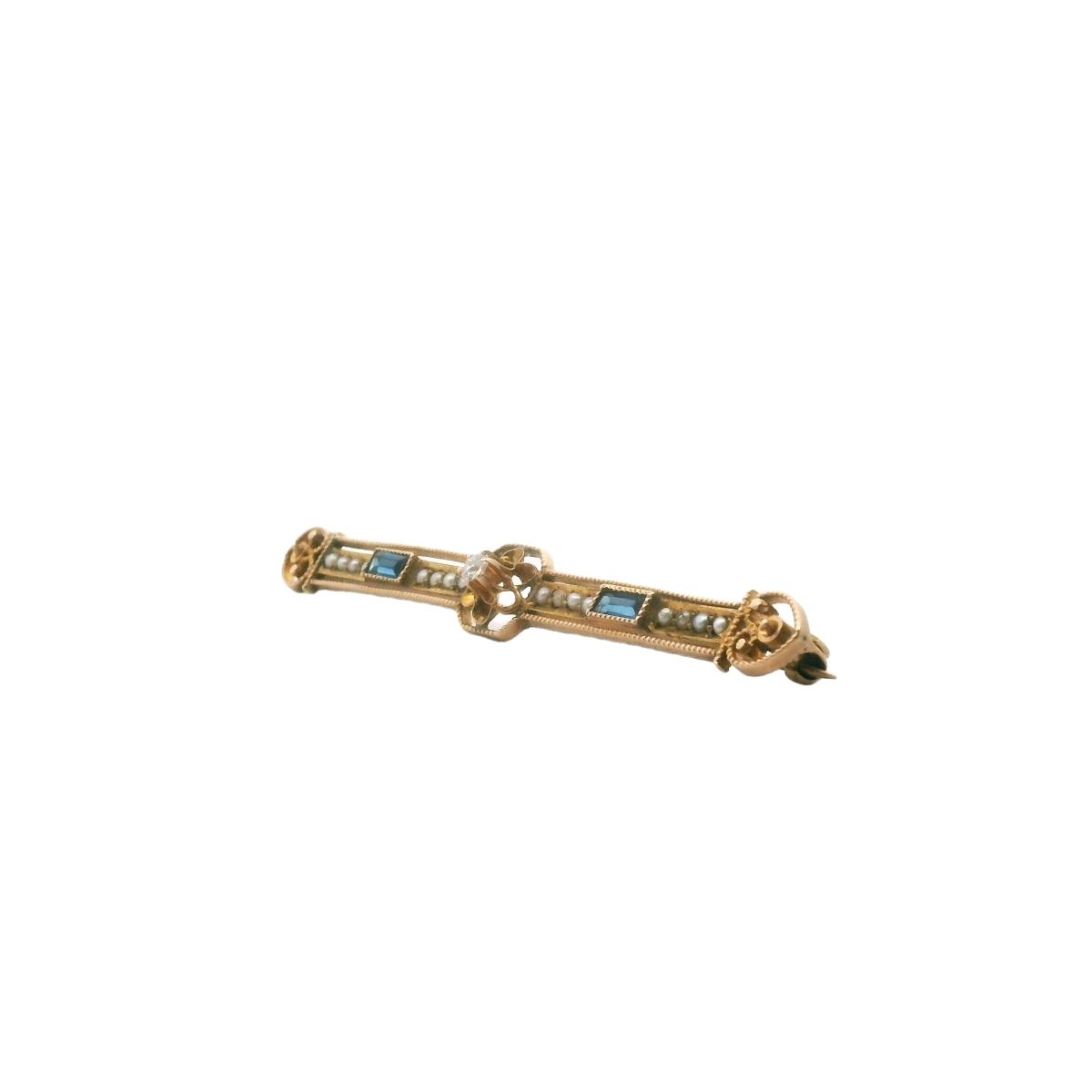 Antique 10K Yellow Gold Diamond Seed Pearl Blue Glass Bar Brooch