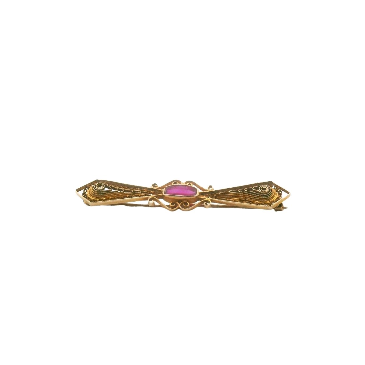 Antique Edwardian 10K Yellow Gold Lab Created Ruby Brooch