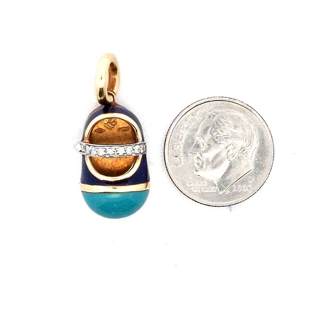 Designer 18K Two Tone Gold Aaron Basha Blue Enamel Diamond Baby Shoe Pendant
