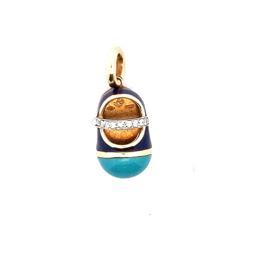 Designer 18K Two Tone Gold Aaron Basha Blue Enamel Diamond Baby Shoe Pendant