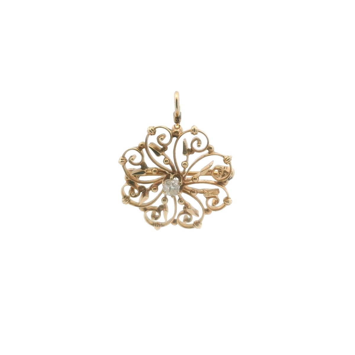 Antique 14K Yellow Gold Scrollwork Diamond Pendant Brooch