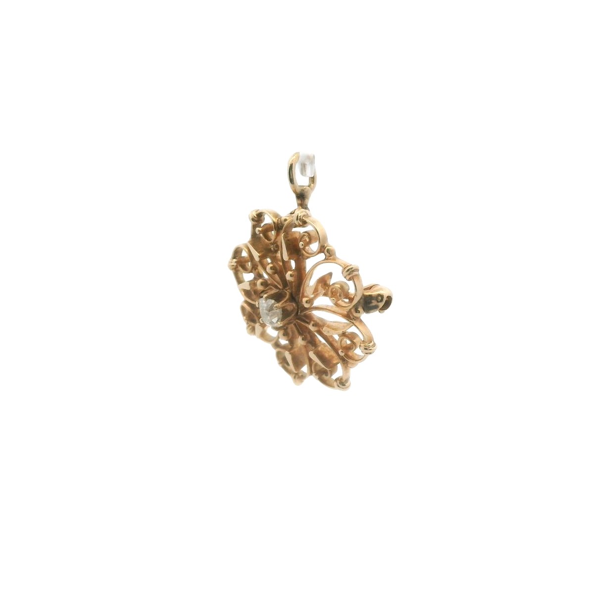Antique 14K Yellow Gold Scrollwork Diamond Pendant Brooch