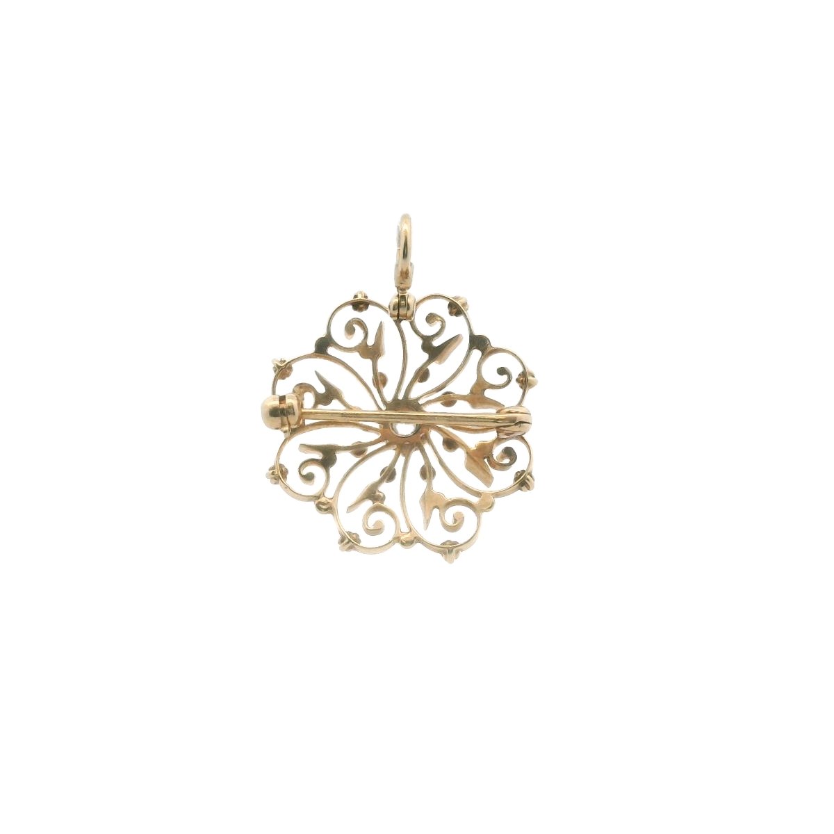Antique 14K Yellow Gold Scrollwork Diamond Pendant Brooch