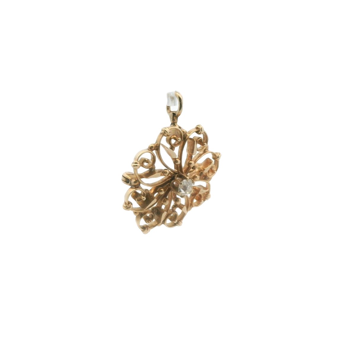 Antique 14K Yellow Gold Scrollwork Diamond Pendant Brooch