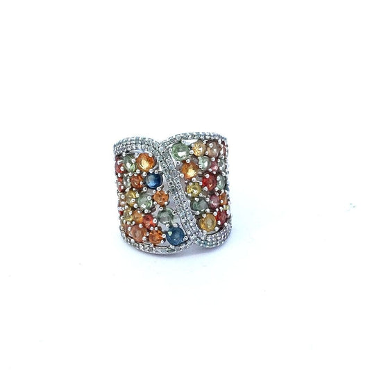 Estate $300 Sterling Silver Multi Color Sapphire White Zircon Ring