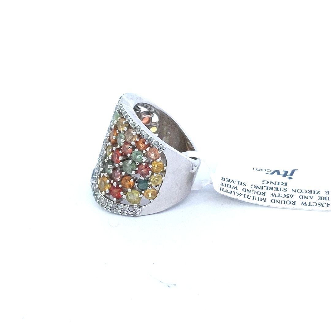 Estate $300 Sterling Silver Multi Color Sapphire White Zircon Ring