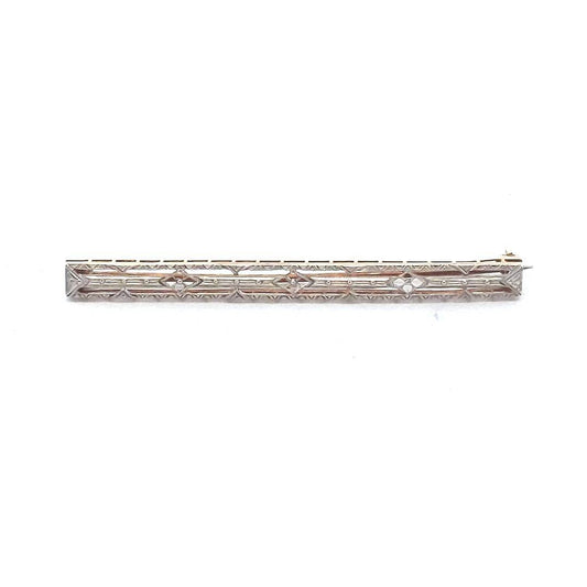 Antique 14K Yellow Gold Platinum Top Edwardian Filigree Bar Brooch