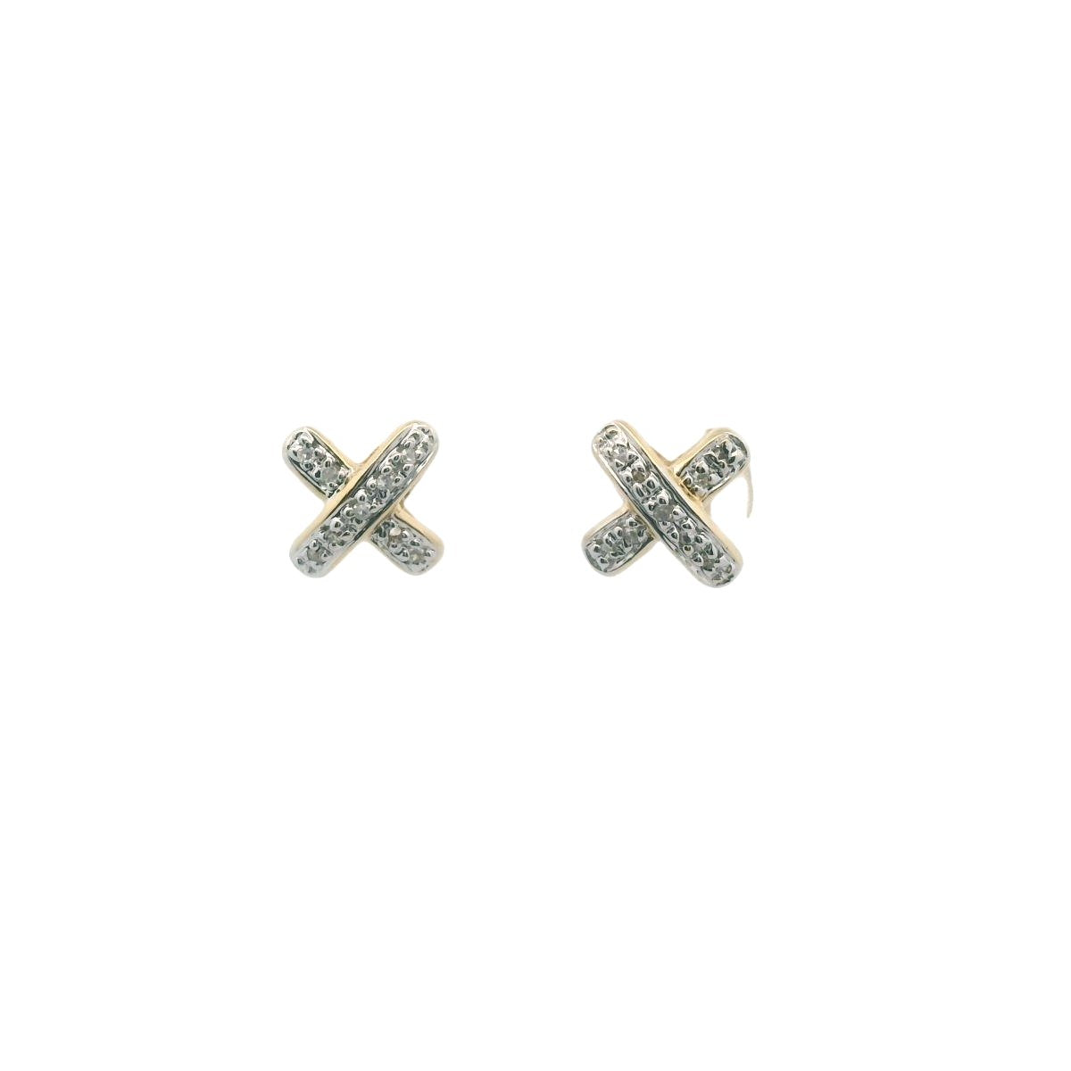 14K Two Tone Gold Diamond X Stud Earrings