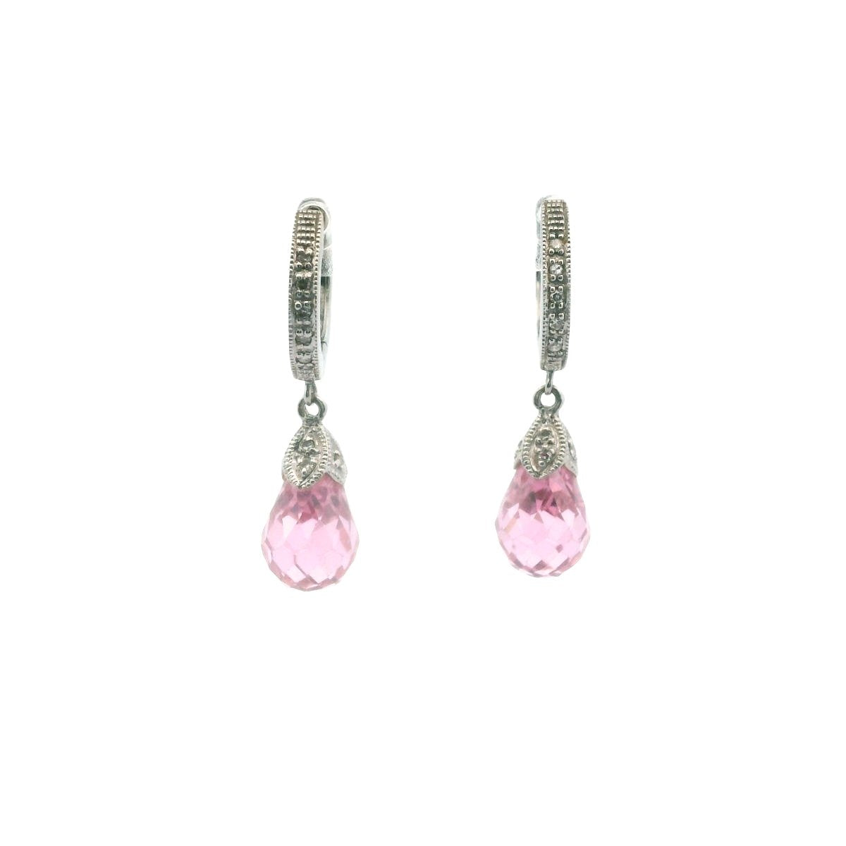 14K White Gold Diamond & Pink Crystal Drop Huggie Earrings