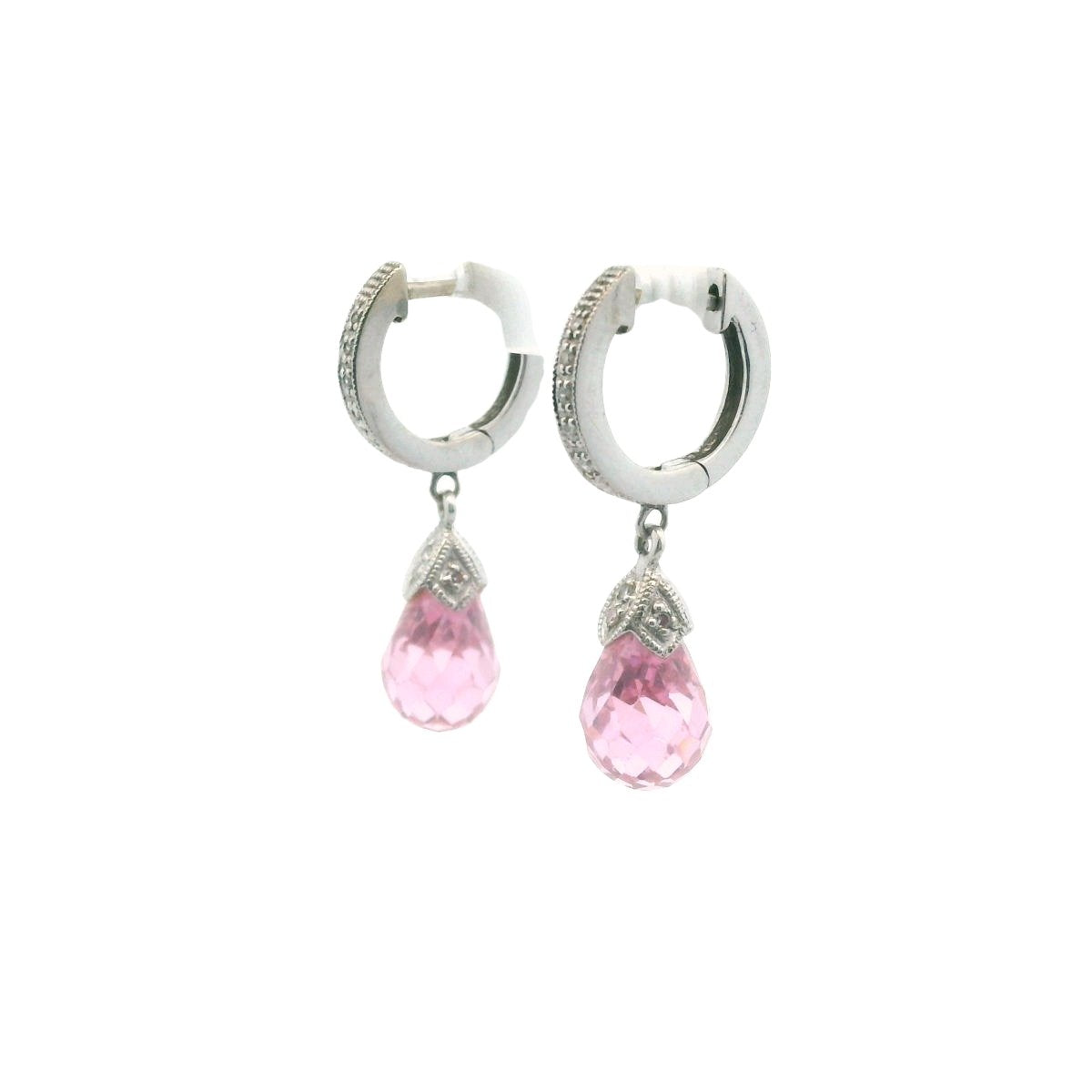 14K White Gold Diamond & Pink Crystal Drop Huggie Earrings