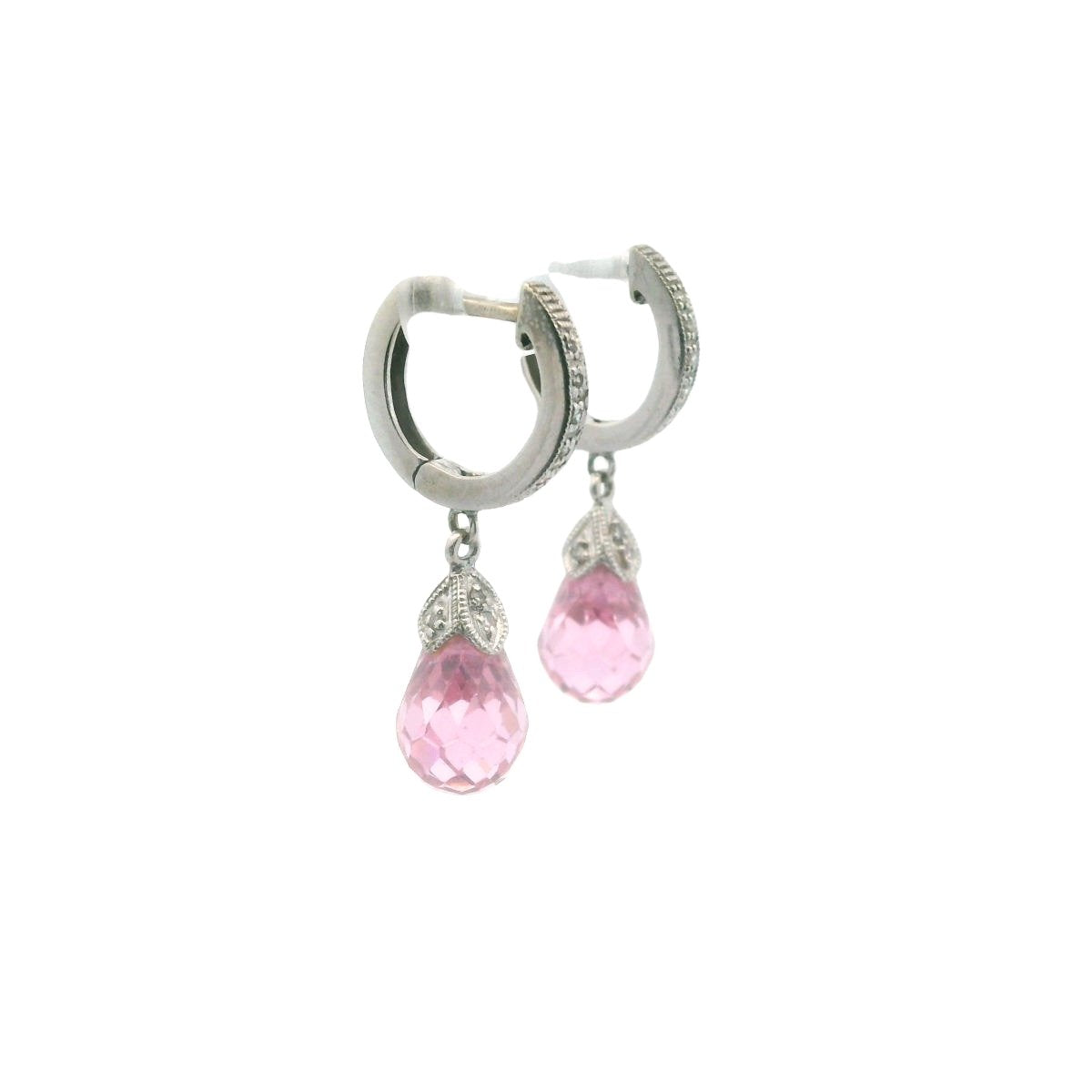 14K White Gold Diamond & Pink Crystal Drop Huggie Earrings