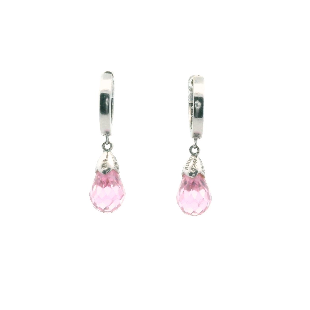 14K White Gold Diamond & Pink Crystal Drop Huggie Earrings