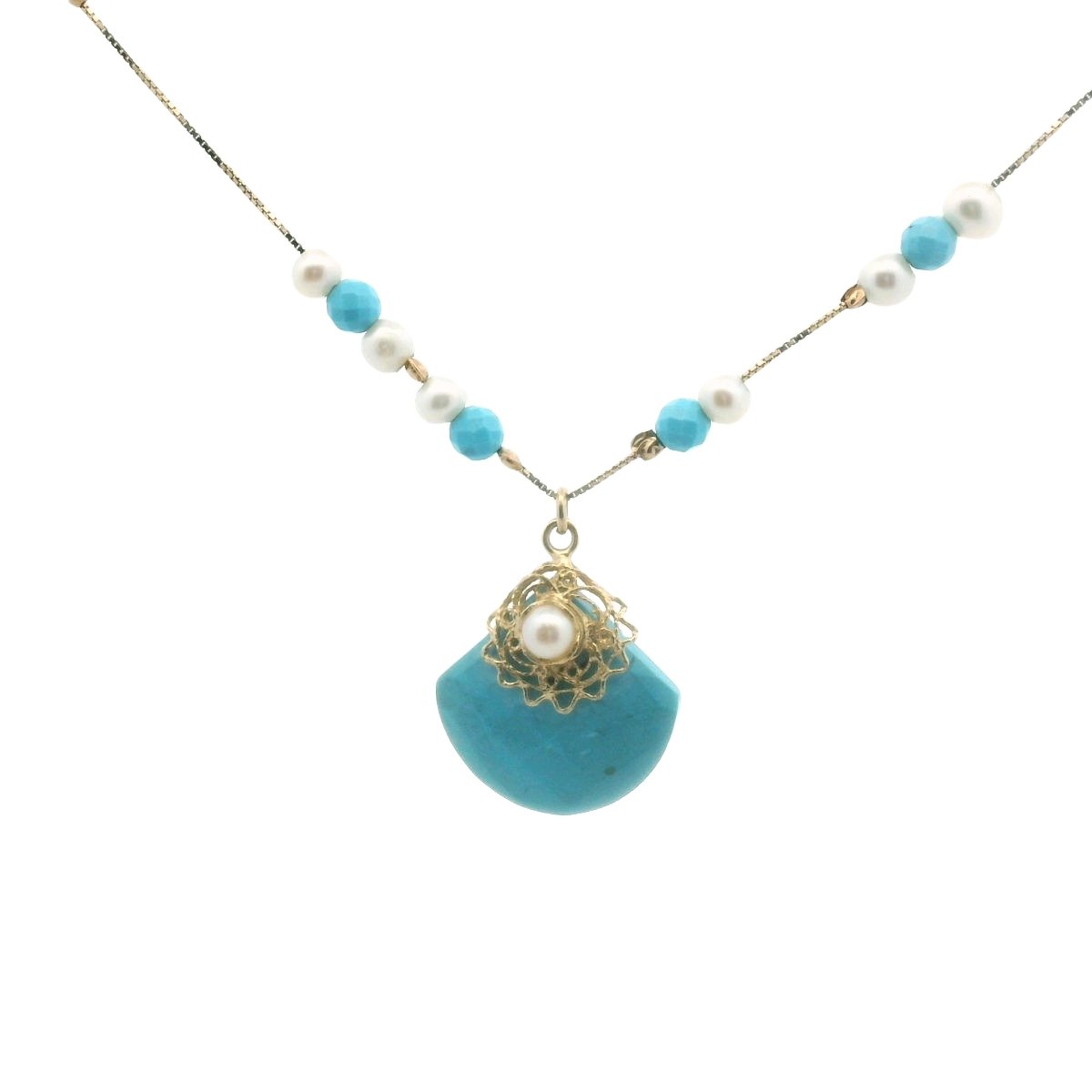 14K Yellow Gold Faceted Turquoise & Freswater Pearl Necklace
