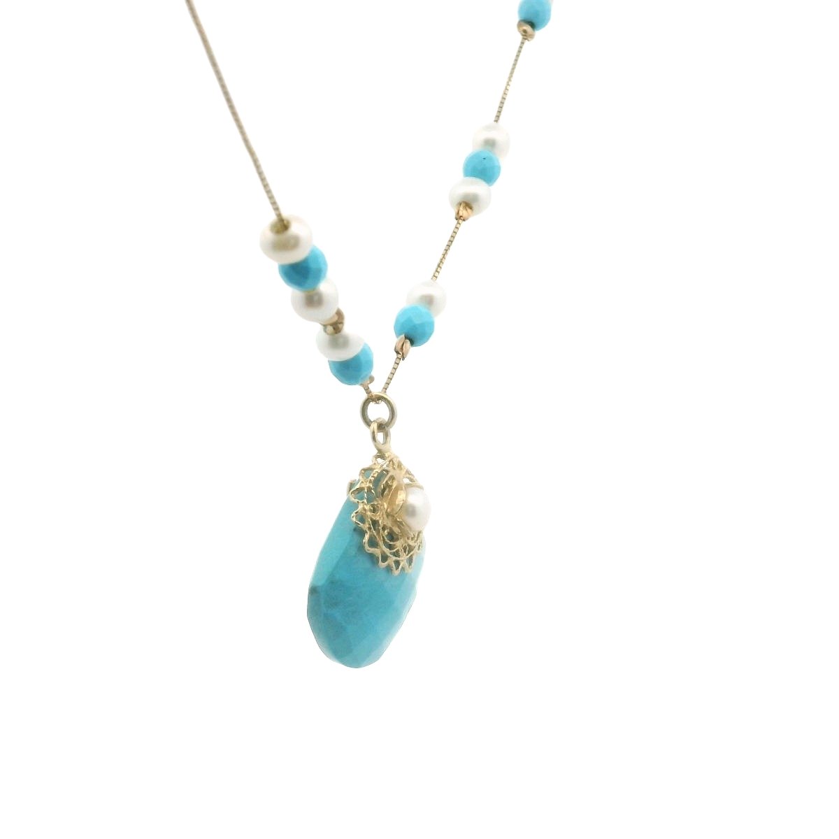 14K Yellow Gold Faceted Turquoise & Freswater Pearl Necklace