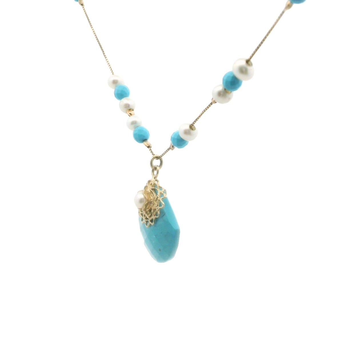 14K Yellow Gold Faceted Turquoise & Freswater Pearl Necklace