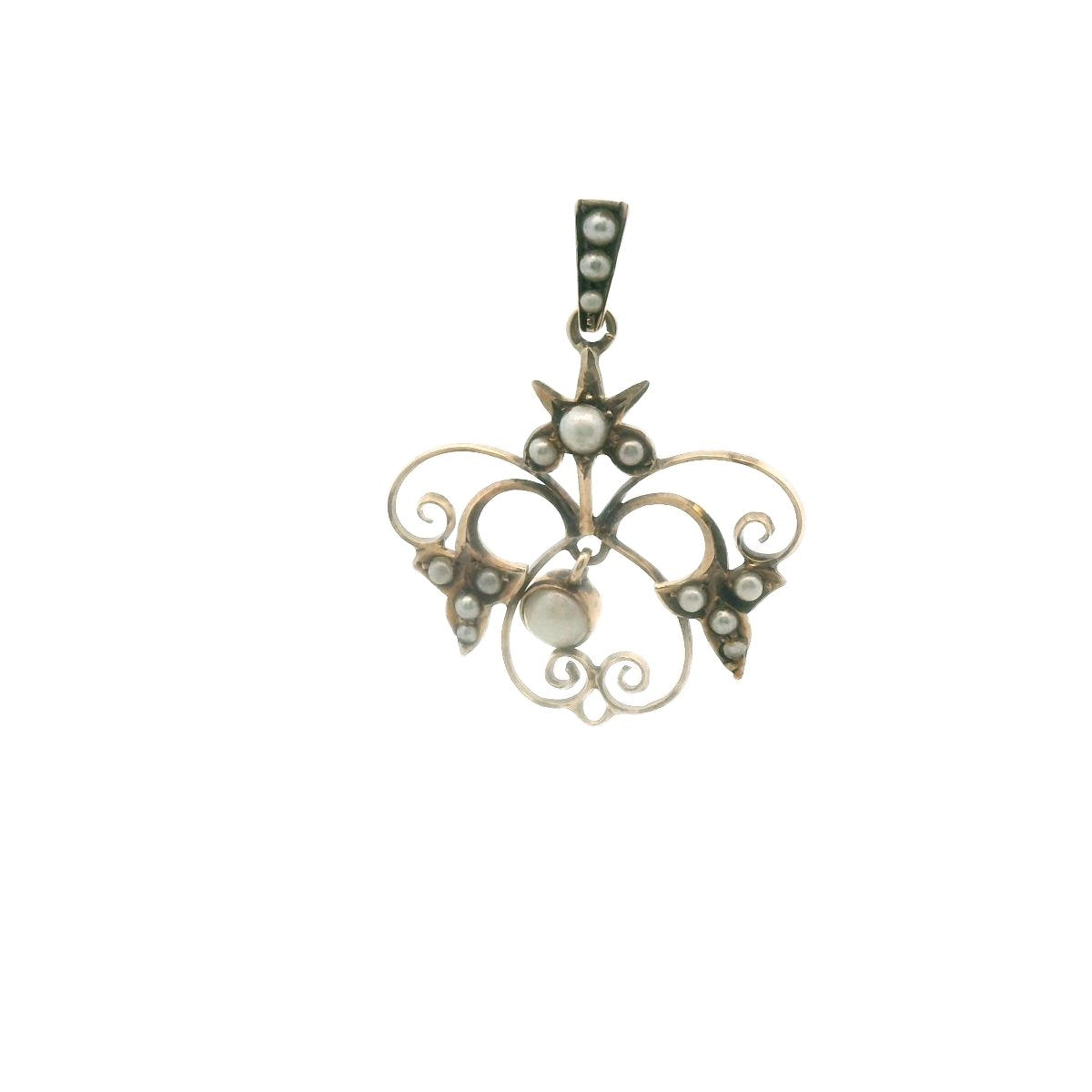 Antique 9K Yellow Gold Faux Pearl Wirework Pendant