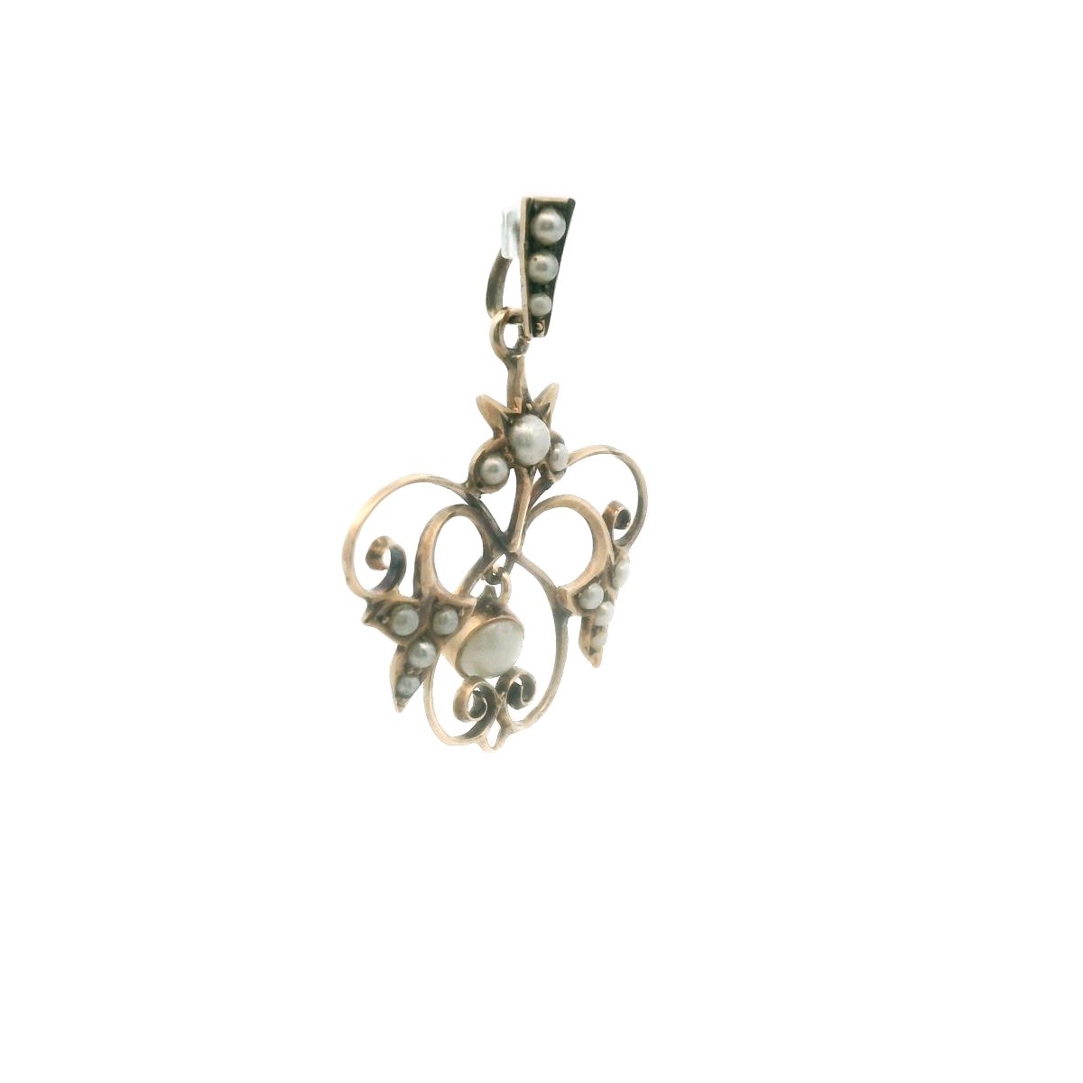 Antique 9K Yellow Gold Faux Pearl Wirework Pendant